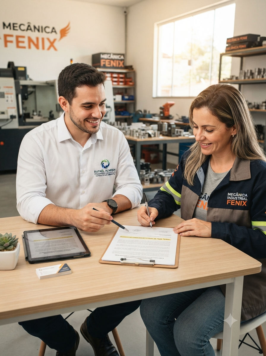 Engenheiro orientando uma empreendedora durante o processo de licenciamento